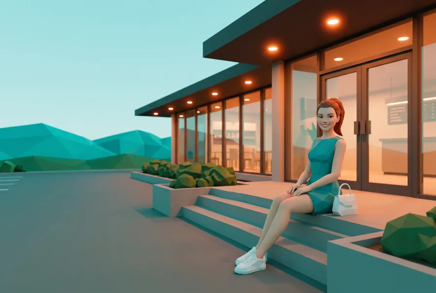 Generated picture: the guide's low-poly character sits on faceted steps beside the glass doors of a long, low modern building in the early evening.