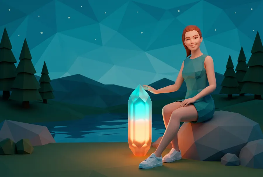 Generated picture: the guide's low-poly character sits at twilight beside a glowing faceted crystal lamp, half orange and half turquoise, by a still lake.